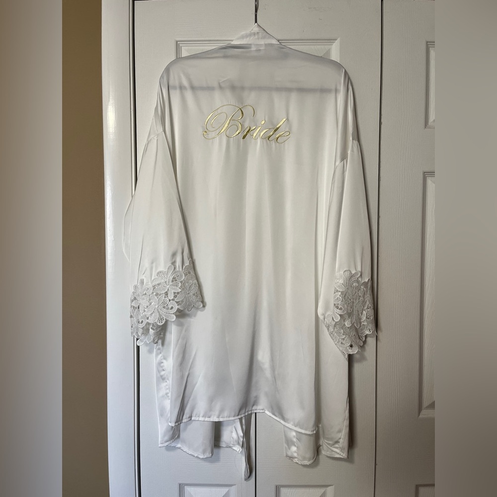 White Satin Bride Robe with Lace Details